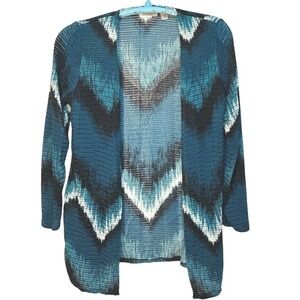 Easywear by Chicos Open Front Cardigan Blue Black White Chevron Resortwear 1